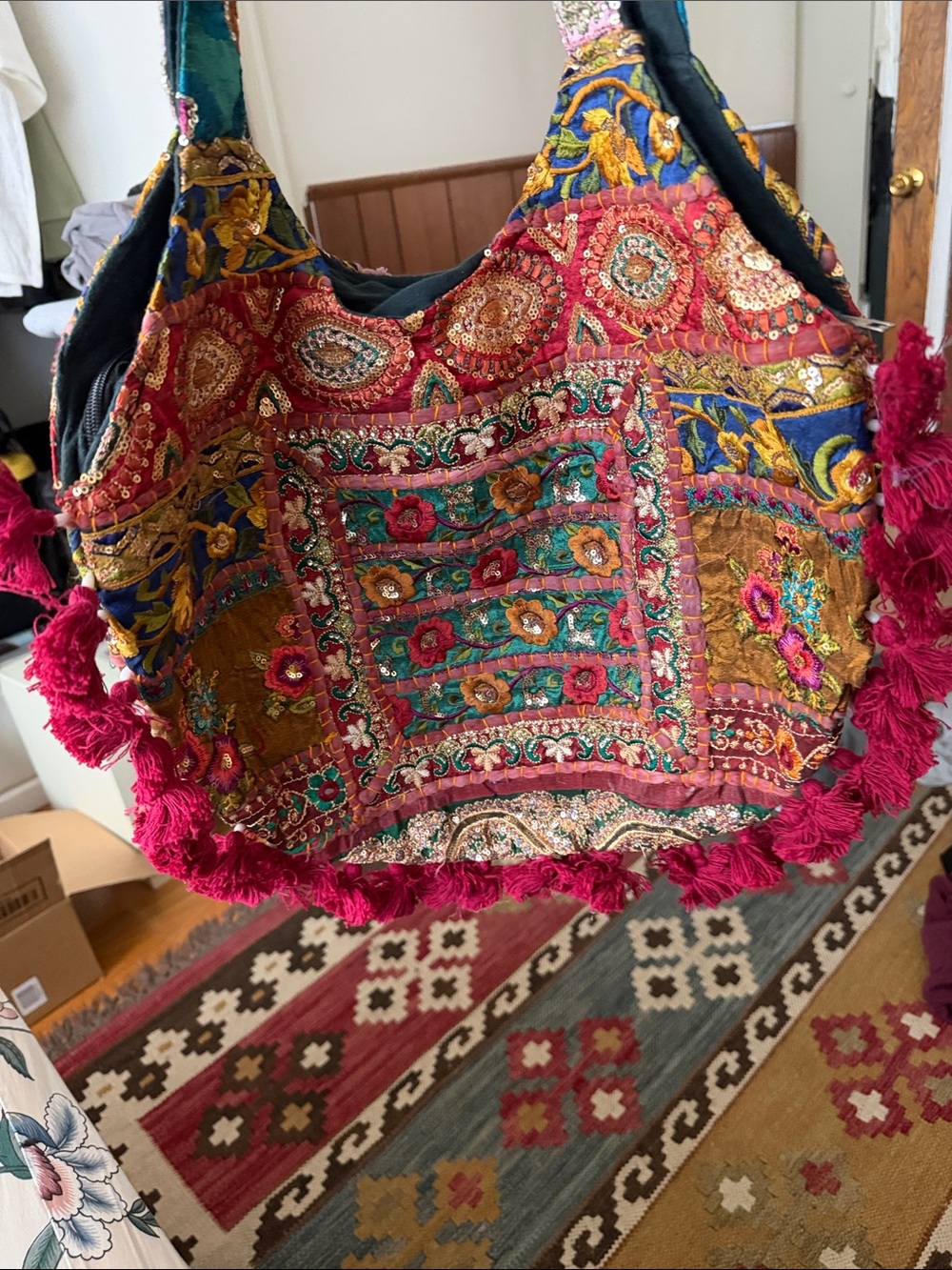 Boho Embroidered Tote Bag in Multicolor with Pink Tassels